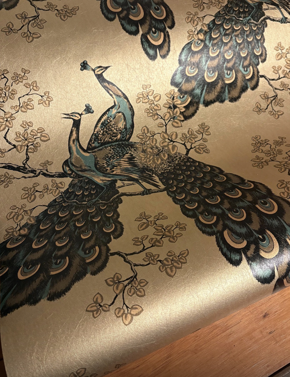 Florence Broadhurst Peacocks wallpaper in antique gold